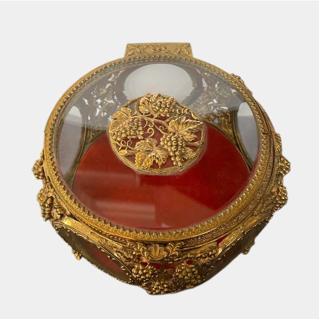 Red Large Ormolu Grape Vine Filigree Beveled Glass Jewelry Trinket Casket Box For Sale - Image 8 of 8