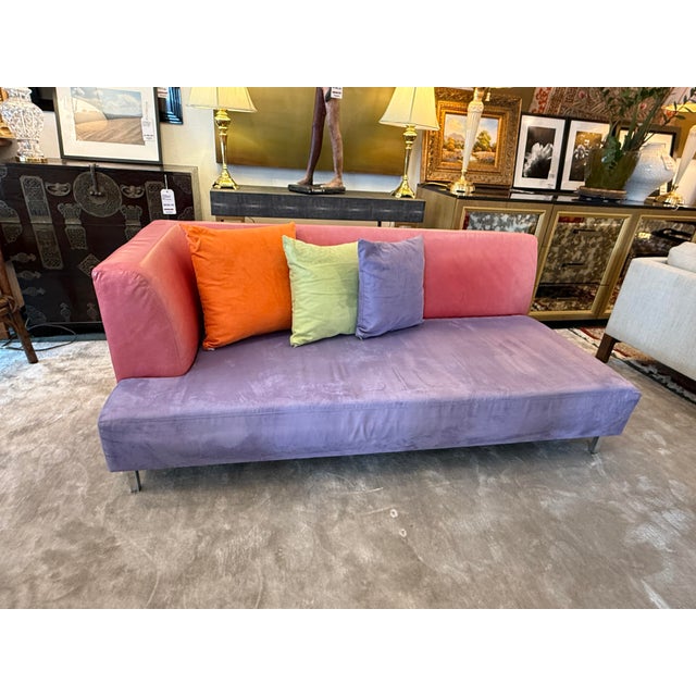 Lavender Micro-Suede + Rose Pink Leather Chaise Sofa For Sale - Image 4 of 12
