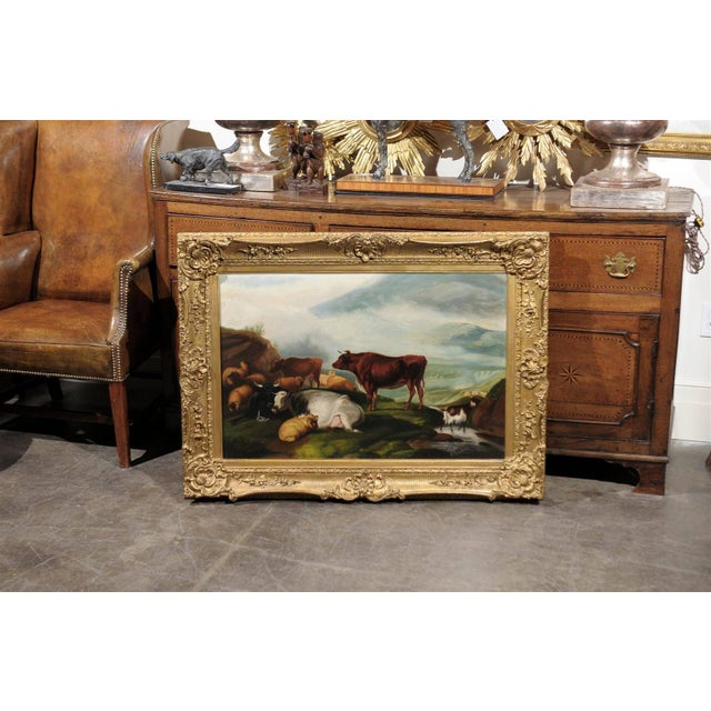 English Large English 1880s Giltwood Framed Pastoral Oil Painting with Cattle and Sheep For Sale - Image 3 of 7