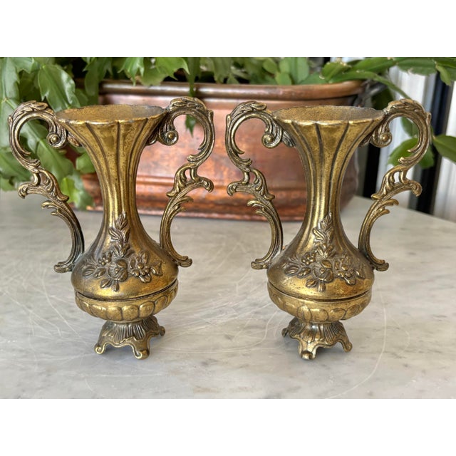 Mid 20th Century Small Italian Neoclassical Brass Urn Vase Pair For Sale - Image 5 of 5