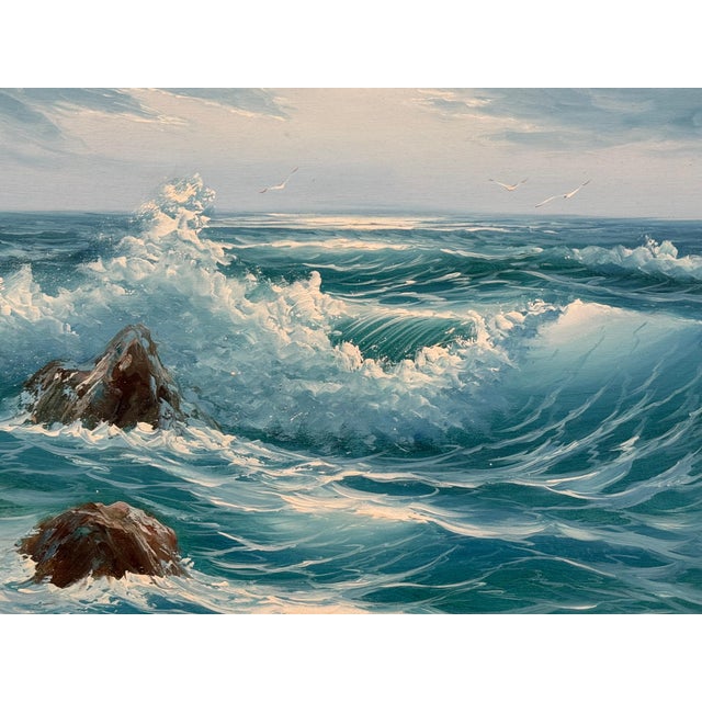 Realism Seascape with Waves Breaking on Rocks - Oil on Canvas by 20th Century Artist 1985 Circa For Sale - Image 3 of 16