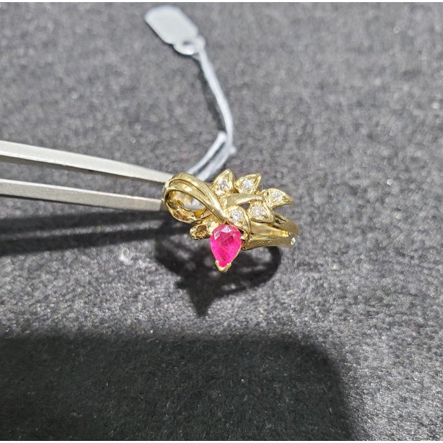Pear Shaped Ruby & Diamond 14k Yellow Gold, Size 7 For Sale - Image 4 of 4
