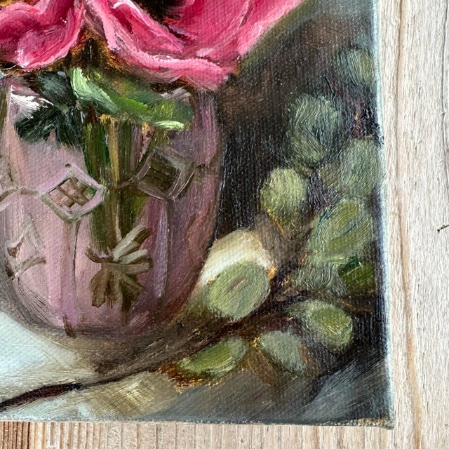 Textile Impressionist Vintage Style Still Life Flower Painting, Oil “Pretty in Pink’ by American Artist Kristin Ashman. For Sale - Image 7 of 11