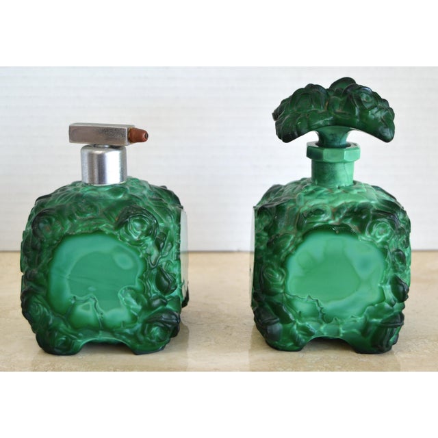 1935 Boho Chic Czech Schlevogt Ingrid Malachite Glass Scent Perfume Bottles, Set of 2 For Sale - Image 9 of 12