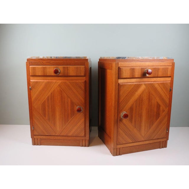 French Art Deco Oak Bedside Cabinets with Inset Marble Tops, 1930s, Set of 2 For Sale - Image 6 of 12