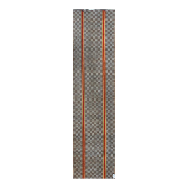 1890s Brown Gray Checkerboard Antique American Shaker Rag Rug 3' X 12'6" Flatweave Wool Carpet For Sale