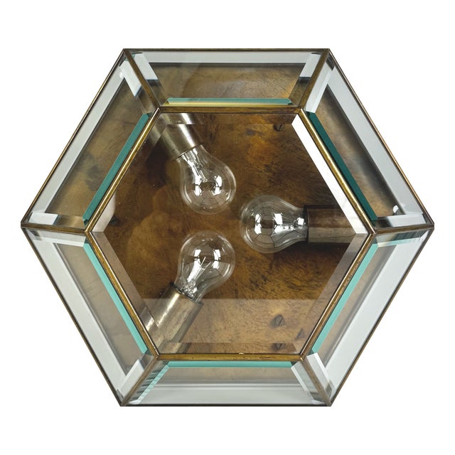 Large Beveled Cut Glass and Bronze Flush Mount, 1890s For Sale