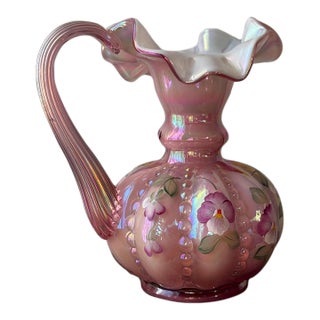 Vintage Signed Fenton Pink Iridescent Hand-Painted Pansy Pitcher For Sale