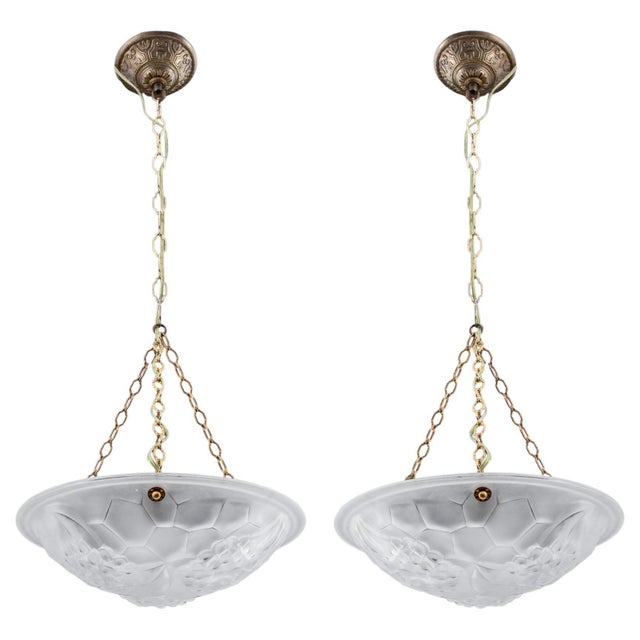 1930s Pair of Art Deco Bowl Chandeliers With Floral Motifs For Sale - Image 10 of 10
