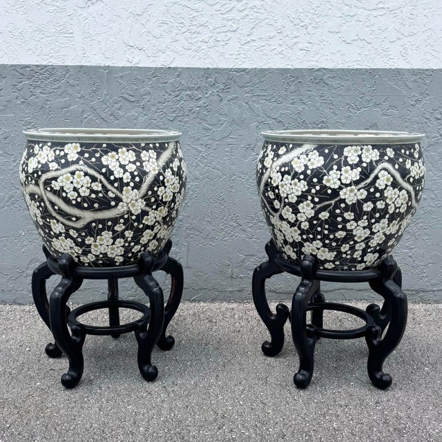 Chinese Vintage Chinese Hand Painted Floor Vases/Fish Bowls on Wooden Stands - A Pair For Sale - Image 3 of 9