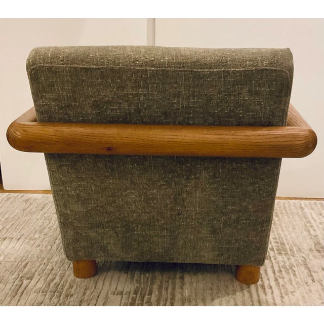 Stylish Modern Pale Sage Woven Balance Lounge Chairs Pair, warm wood frame, showroom floor sample