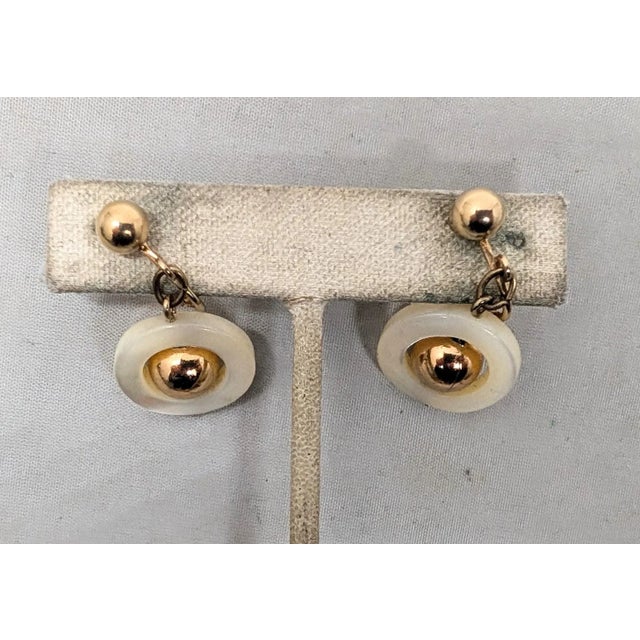 Napier Vintage Signed Napier Goldtone Mother of Pearl Disc Drop Clip Earrings-2 Pieces For Sale - Image 4 of 7