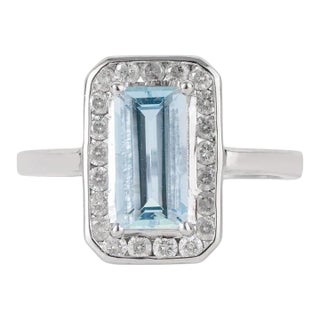 925 Sterling Silver Aquamarine Statement Ring With Diamond Halo, Size 6.5 For Sale
