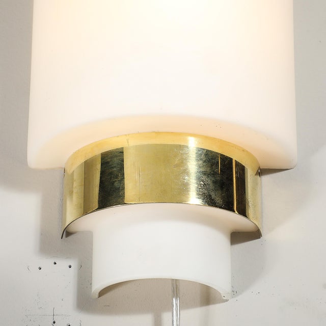 Metal Pair of Mid-Century Modernist Minimal Frosted Glass & Brass Sconces For Sale - Image 7 of 13