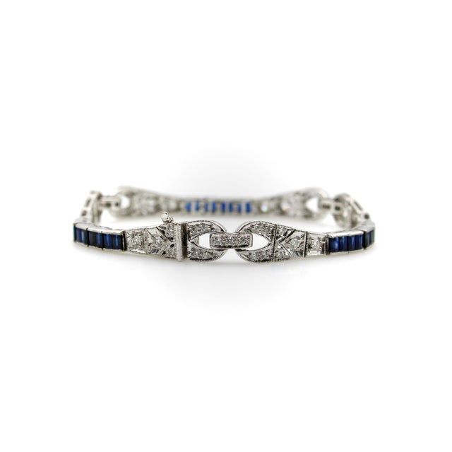 Modern 1990s 18k White Gold Diamond and Sapphire Art Deco Style Bracelet For Sale - Image 3 of 10