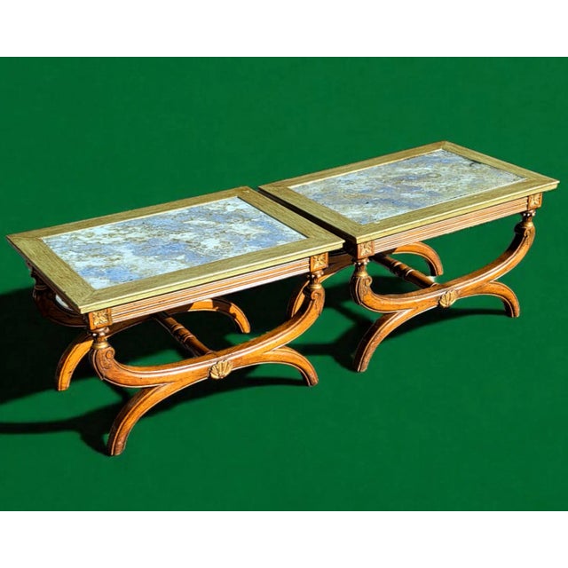 Pair of Antique 19th Century Neoclassical Style Reverse Painted Glass Top Curule Base Cocktail/Side Tables For Sale - Image 4 of 13