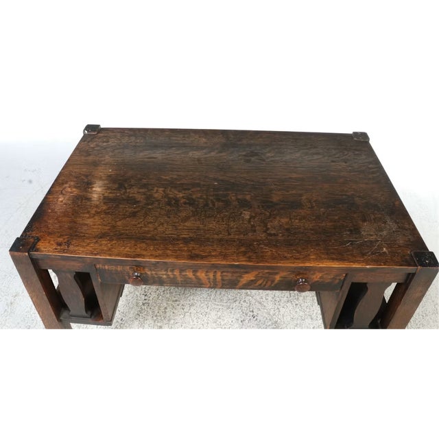 Wood Antique Arts and Crafts Single Drawer Oak Desk For Sale - Image 7 of 11