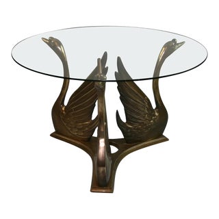 Vintage 1970's Hollywood Regency Glass Top Coffee Table With Solid Brass Swan Base For Sale