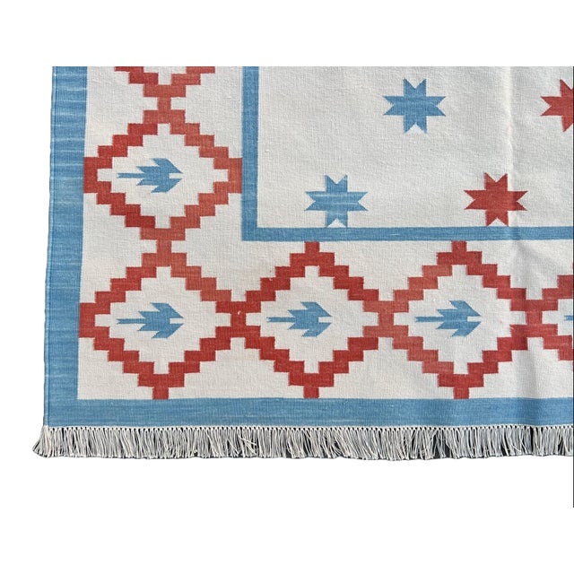 Handmade Cotton Vegetable Dyed Rug, Star Geometric White, Sky Blue and Terracotta Dhurrie - 8'x10' For Sale - Image 10 of 12