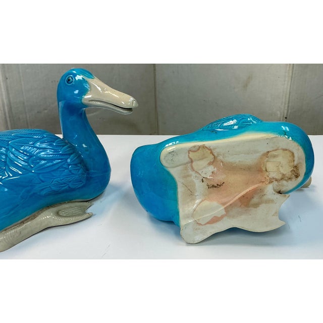 Mid 20th Century Chinese Export Ceramic Pottery Hand Painted Turquoise Ducks - Pair For Sale - Image 5 of 7