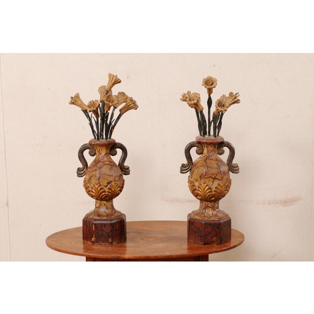 Italian Antique Polychrome Floral Urns - a Pair For Sale In Atlanta - Image 6 of 11