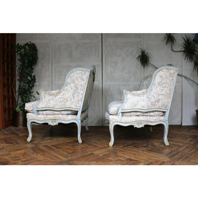 Mid 20th Century Pair of Mid 20th Century Louis XV Wingback Bergère Armchairs – Floral Upholstery For Sale - Image 5 of 18