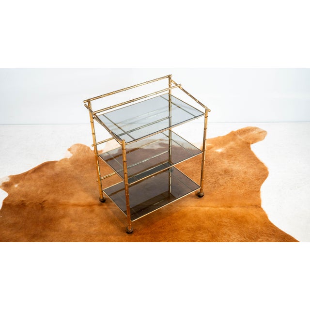 Vintage Mid Century Brass & Smoked Glass Bar Cart, C. 1970s For Sale In Boston - Image 6 of 17