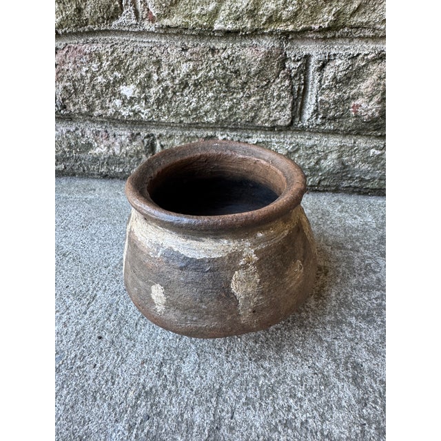 Brown Small Vintage Rustic Indian Brown Clay Pot With Custom Metal Ring For Sale - Image 8 of 9