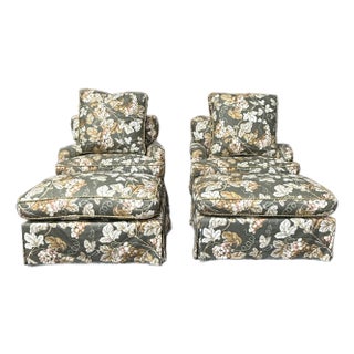 1980s Floral Print Club Chairs and Ottomans - 4 Pieces For Sale