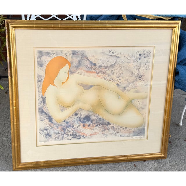 Alain Bonnefoit French Nude Lithograph Print. It is presented in an expensive water gilded frame.