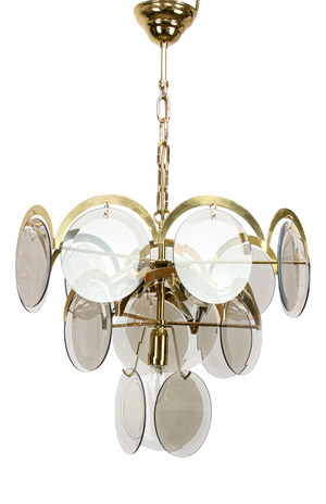 Vintage Chandelier in Smoked Glass Discs and Gold Metal by Vistosi, 1970s