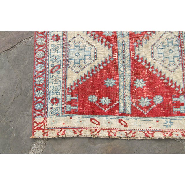 Tribal Vintage Medallion Brick Red Blue Cream Hand-Knotted Long Runner - 3’6” X 14’8” For Sale - Image 3 of 10