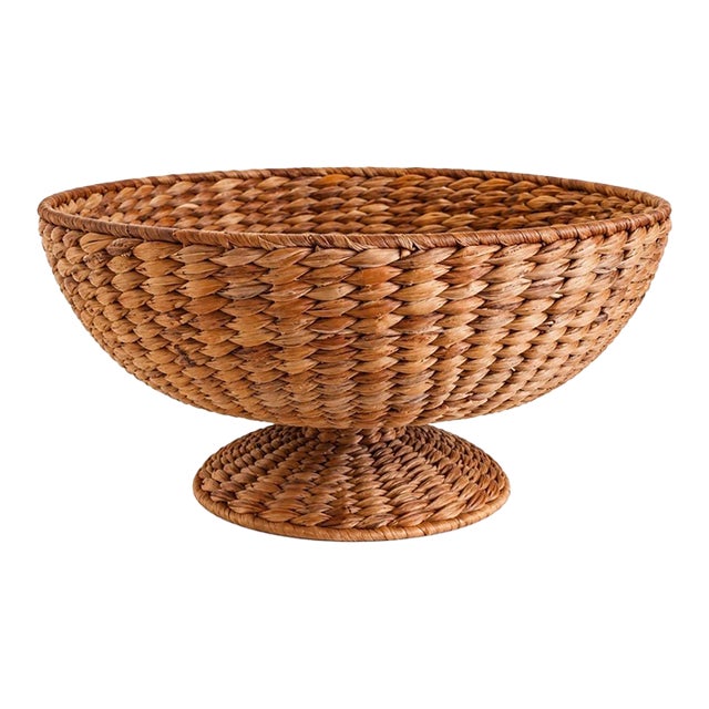 Vintage Woven Natural Fiber Pedestal Bowl Basket For Sale