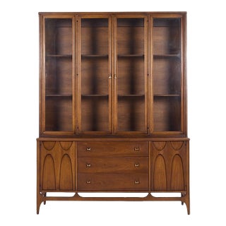 Broyhill Brasilia Mid Century Walnut and Brass Credenza and Hutch For Sale