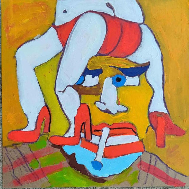Dax Norman, Abstract Thinking Cap, Acrylic Painting on Recycled Record Cover For Sale