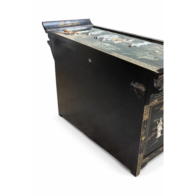 Chinoiserie Vintage Chinese Lacquer Cabinet Sideboard W/ Raised Hardstone Mother of Pearl Figural Inlay For Sale - Image 3 of 8