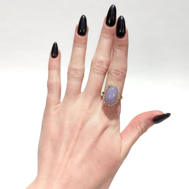 Vintage 14k Gold, Type a Lavender Jadeite, and Diamond Cocktail Ring For Sale - Image 4 of 12