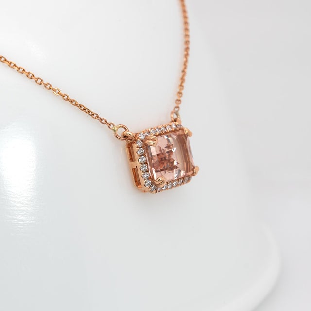 Natural Morganite & Diamond Halo Pendant Necklace: Solid 14k Gold With Chain For Sale In Columbus - Image 6 of 8