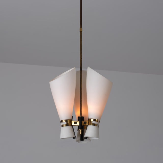 Italian Brass, Black Metal and Opaline Glass 3-Light Pendant, 1950s For Sale - Image 4 of 9
