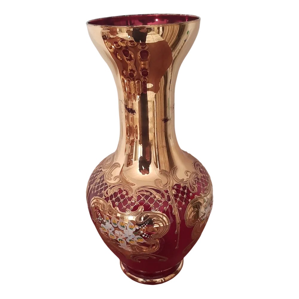 Tre Fuochi Murano Blown Glass Vase with 24k Gold Finishes, Venice