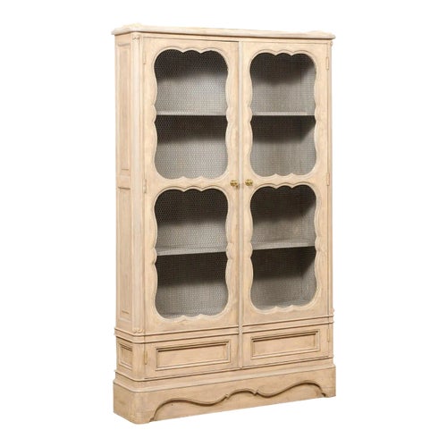Slender French Painted Wood Bookcase With Chicken-Wire Door Fronts