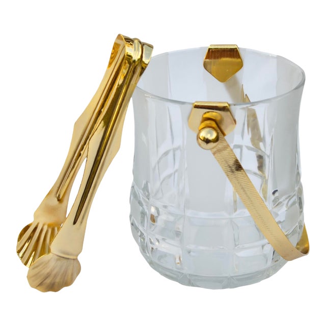 Mid 20th Century Hand-Cut Textured Crystal Ice Bucket & Tong Set- 2 Pieces For Sale