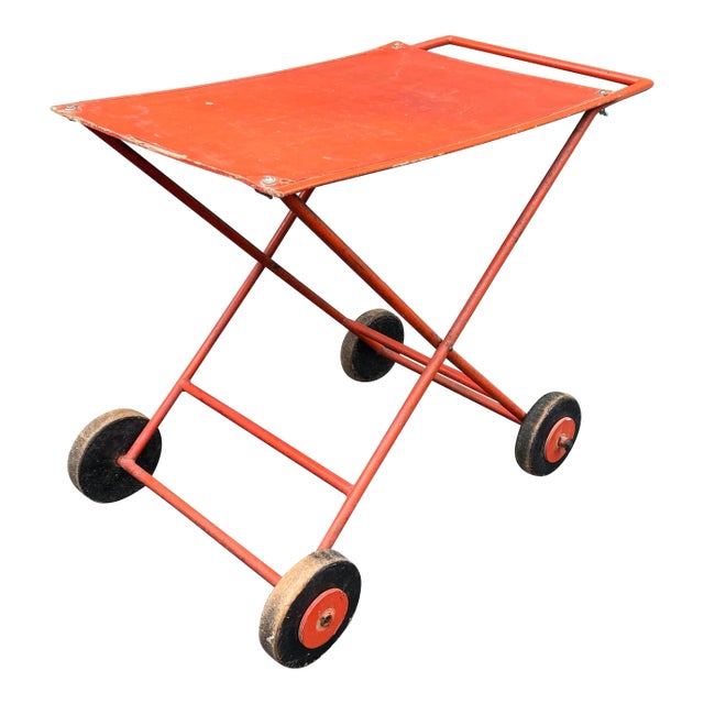 Vintage Red Painted Wood Serving Cart For Sale