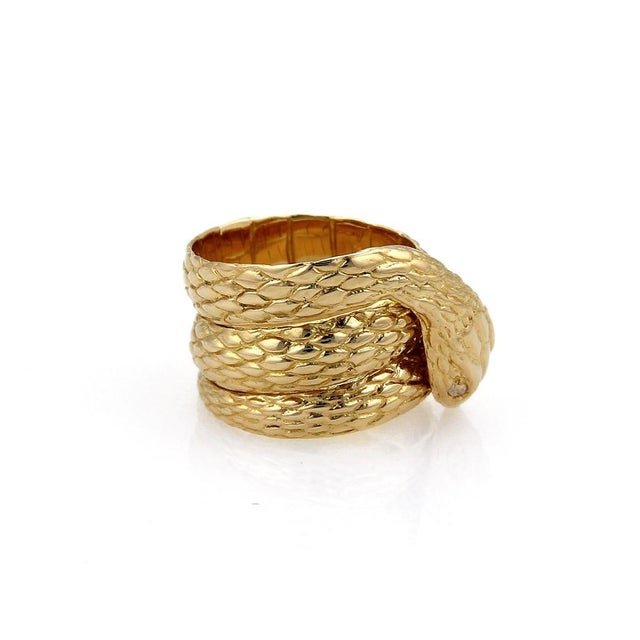 Metal Mid 20th Century Diamond Coiled Snake Ring 18K Yellow Gold Size 6.5 For Sale - Image 7 of 8