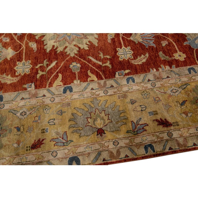 Modern Mahal Handmade Terracotta Oversize Wool Rug With Floral Motif For Sale In New York - Image 6 of 10
