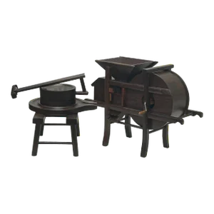 Set of 2 Chinese Rosewood Miniature Rice Grain Grinder Crushing Mill Display Art