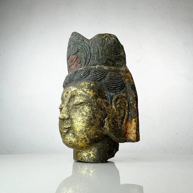 Salvaged Stone Golden Buddha Head Sculpture Ornately Carved Crown For Sale - Image 4 of 13