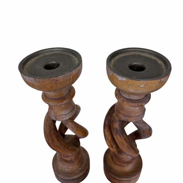 English Hand Carved Open Barley Twist Candlestick Holder - A Pair For Sale - Image 3 of 5