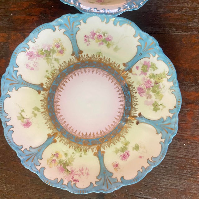 Prussia Plate and Bowl Set Hand Painted Vibrant Blue Border With Gold Accents For Sale - Image 14 of 16