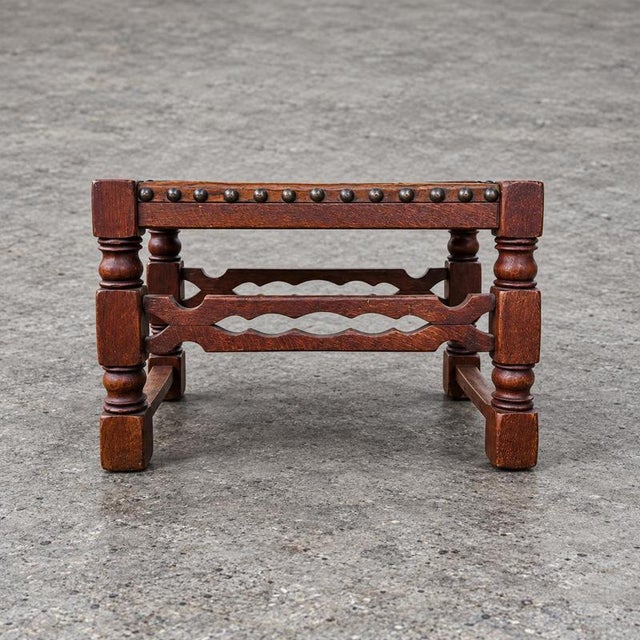 2 x Spanish footstool / wood leather / medieval-style / 1920s Height 40Depth 40 Width 60 cm